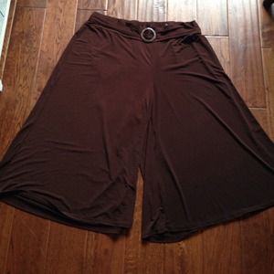 Brown stretch poly knit gauchos. Calf length