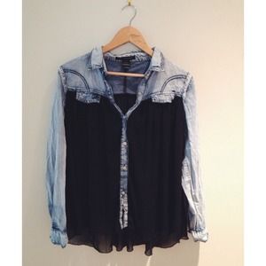 Long Sleeve Jean and Sheer Black Blouse