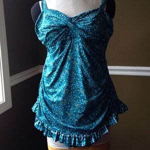 Bundle: teal swim suit, navy sweater, 2 pr jeans