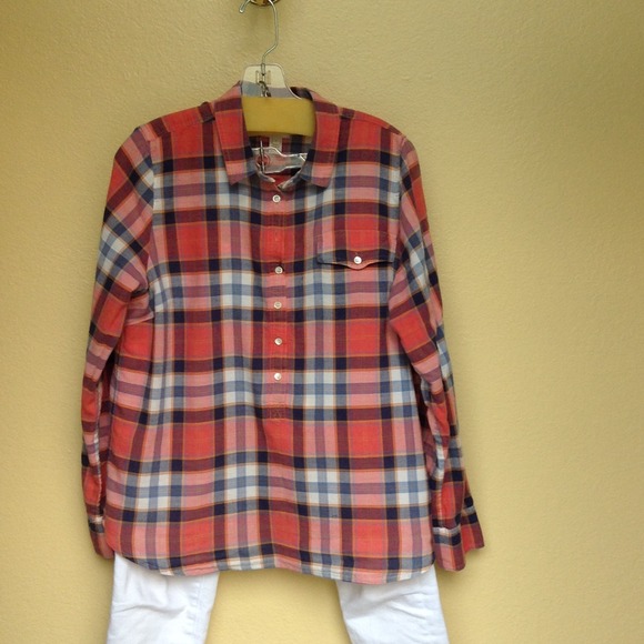 Sold in Bundle Orange/blue plaid "popover" blouse - Picture 1 of 3