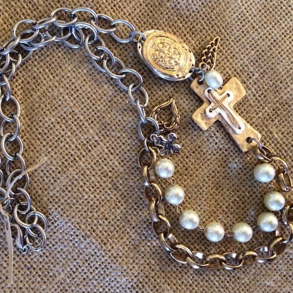 Antique silver and gold cross layered necklace NWT