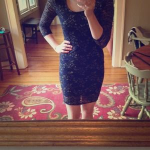 Navy and gold, lace and floral dress.