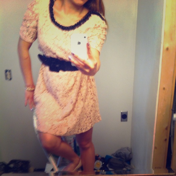 Shy pink lace dress with black beaded collar