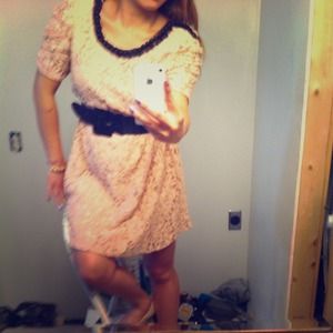 Shy pink lace dress with black beaded collar