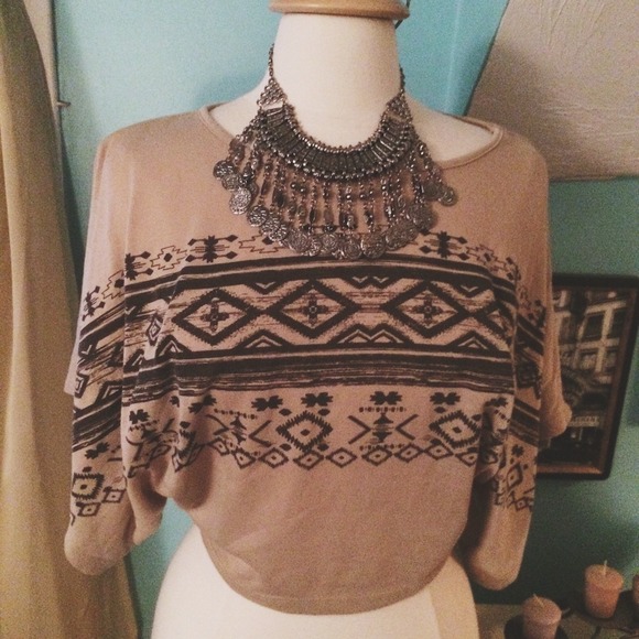 Tan Tribal Aztec Crop Top Kimono Sleeves