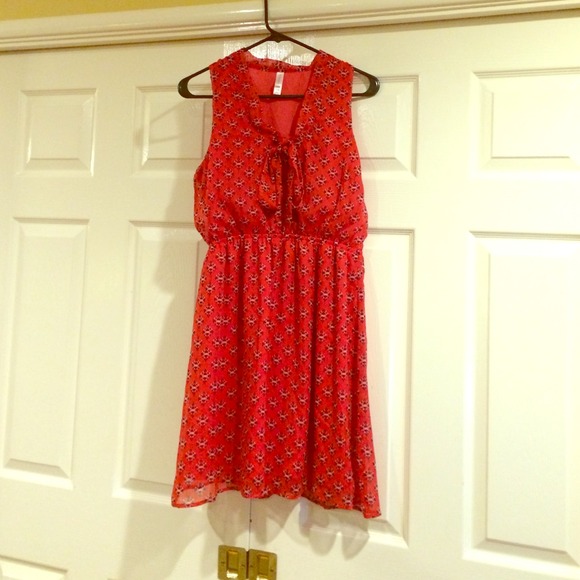 red patterned tiefront dress