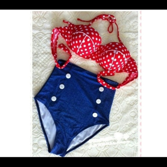 Denim high waisted, red poka dotted swimsuit