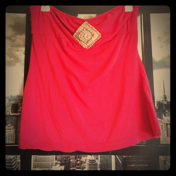 Red beaded strapless top