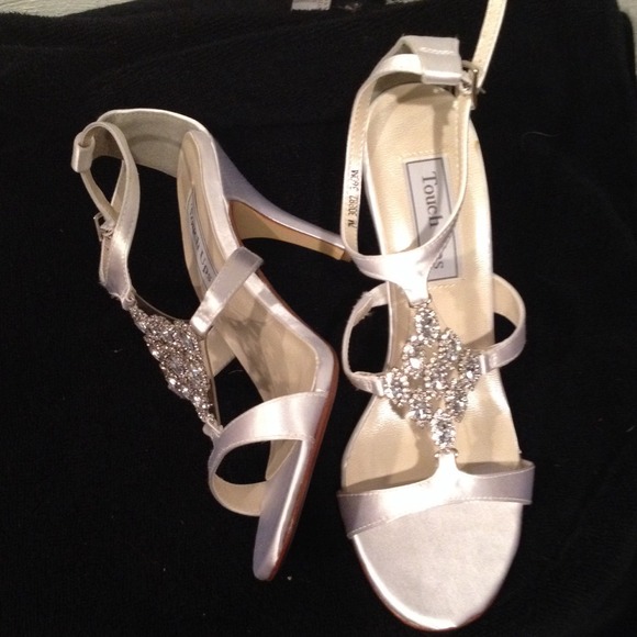 Dressy white satin diamond heels
