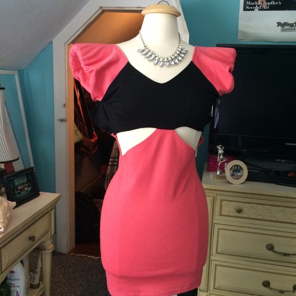 Pink Puff Sleeve Club Cutout Dress