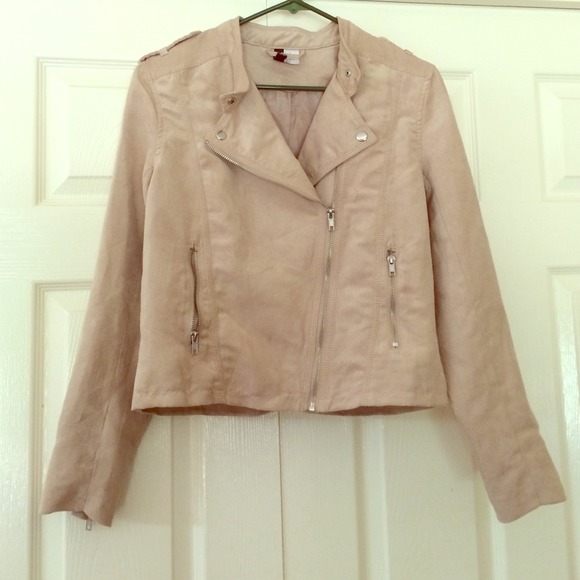 beige suede moto jacket with silver zippers