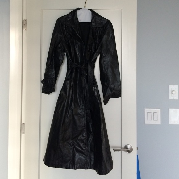1970's original black leather trench coat