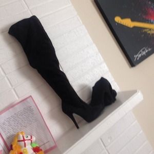 Black Faux Suede Knee thigh platform boots