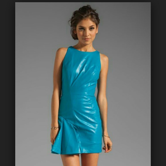 Milly Aqua Saxon Pleated Genuine Leather Dress - Picture 1 of 3