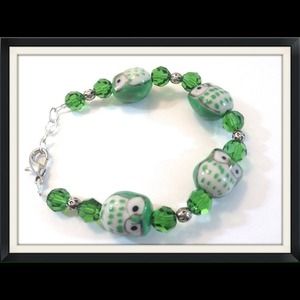 Ceramic owl and green Swarovski crystal bracelet