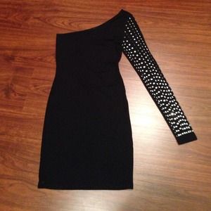 One shoulder black dress with sequin sleeve