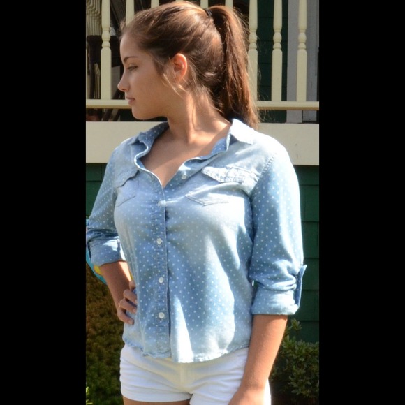 Blue Rain Chambray Shirt with White Polka Dots