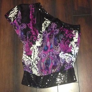 **SOLD** Bebe One Shoulder Sequin/Paisley Silk Top
