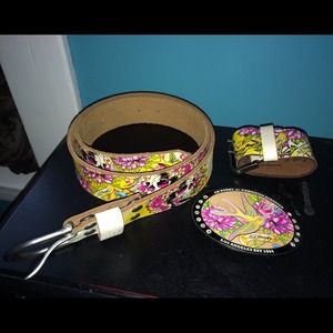 Ed Hardy White Leather Belt W/Matching Bracelet