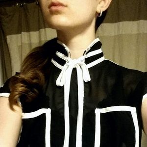 Black chiffon blouse with white piping