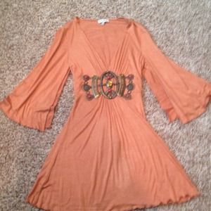 Rust colored short dress with jeweled waist!