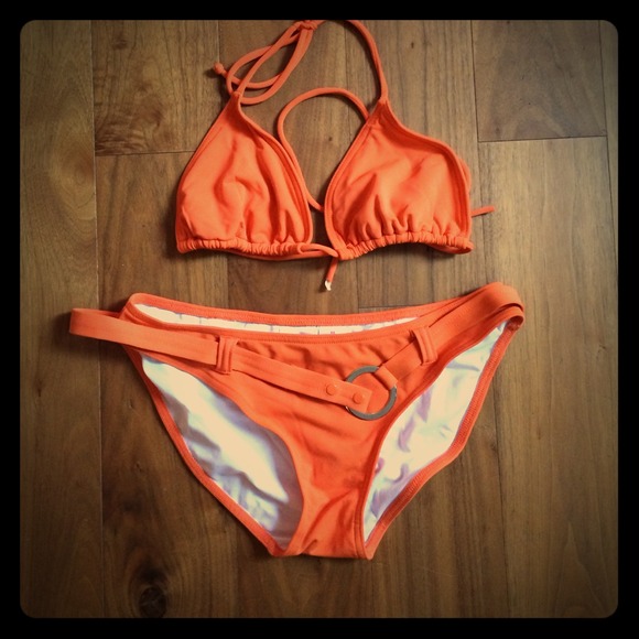 Orange string bikini with buckle detail on bottom