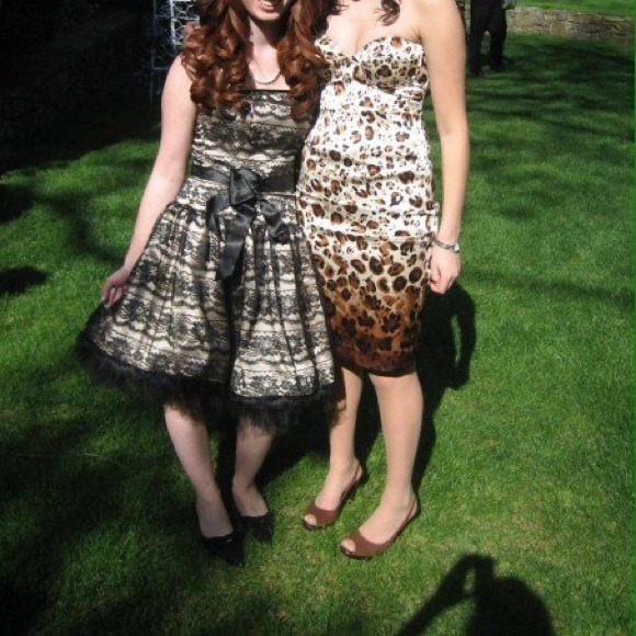 Cream & black lace formal dress with ribbon (left)