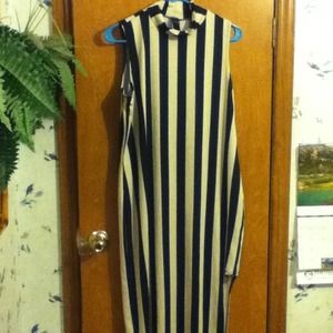 New high collared black striped dress