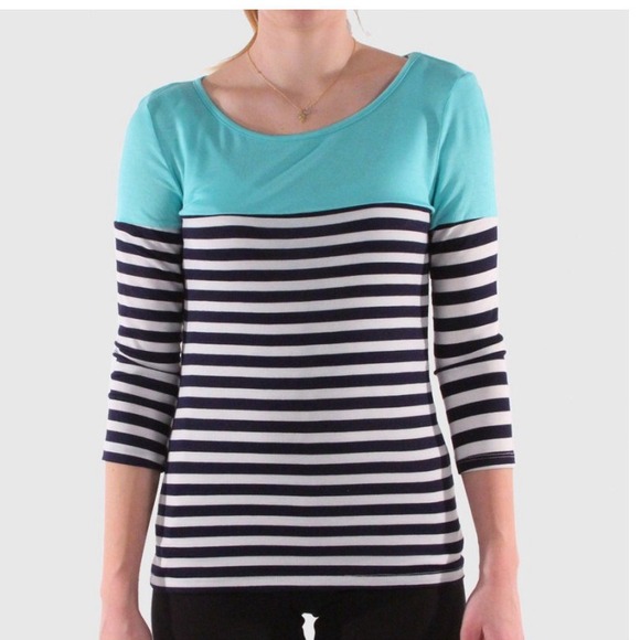 DNA Couture 3/4 Sleeve Stripe Top Mint White Navy - Picture 1 of 2