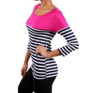 DNA Couture 3/4 Sleeve Stripe Top PINK White Navy