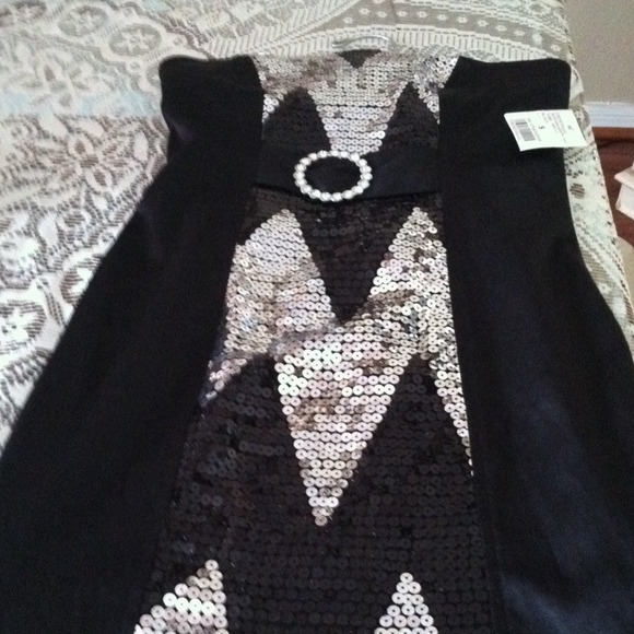 Black satin tube dress with sequins. - Picture 1 of 4
