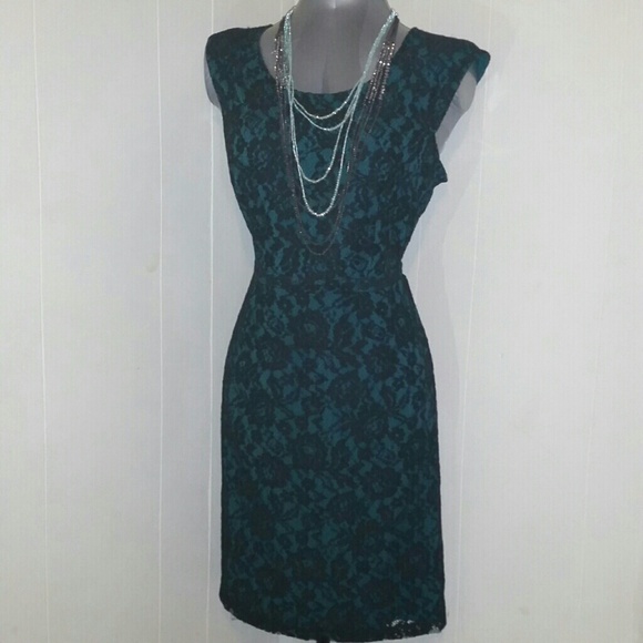 Emerald Green and Black Lace Overlay Dress