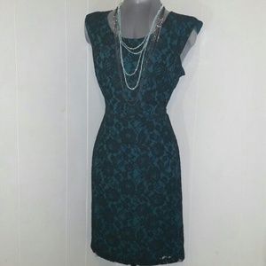 Emerald Green and Black Lace Overlay Dress