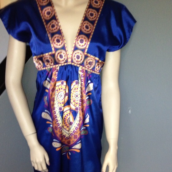 Royal blue printed satin dress.