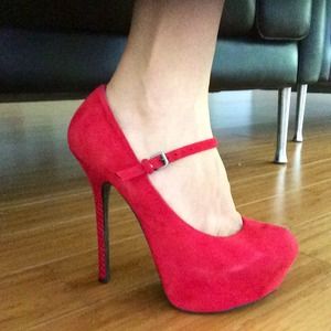 STUNNING Real Suede Red Mary Janes heels size 6.