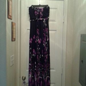Purple /Black Flower Strapless Maxi Dress