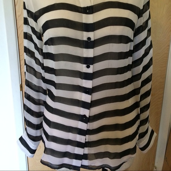 Silk b/w striped button down shirt blouse - Picture 2 of 8