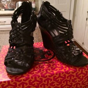 Tory Burch strappy leather black wedges