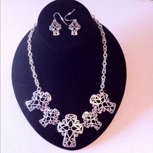 Silver cross bib and earring set!