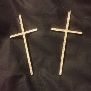 Rhinestones & Gold Oversized Cross Earrings!