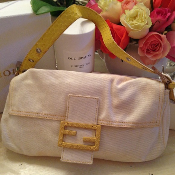 FENDI White Denim and Yellow Snake Skin Baguette
