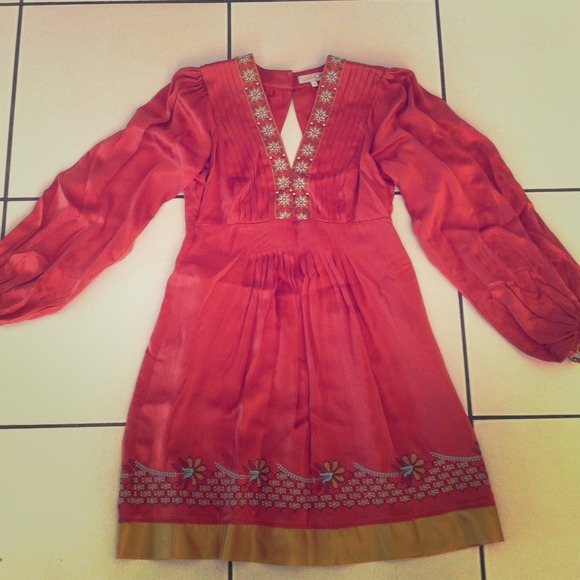 Long Sleeve Peach Silk Dress with Embroidery