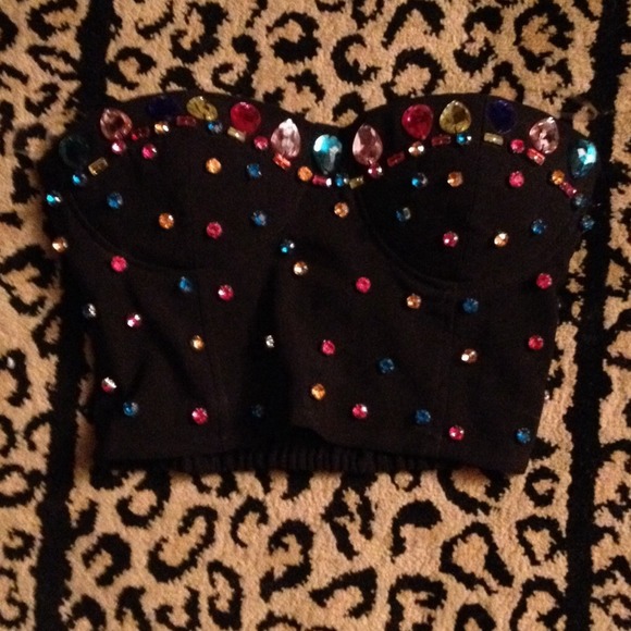 Handmade black rhinestoned corset top