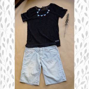 Striped Roll-Up Denim Shorts by Holding Horse