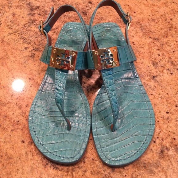 Tory Burch turquoise mock-croc t-strap sandals
