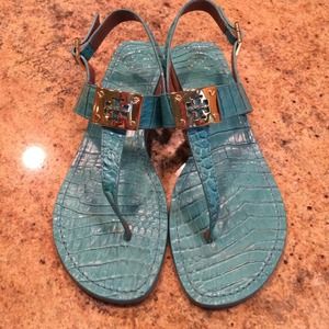 Tory Burch turquoise mock-croc t-strap sandals