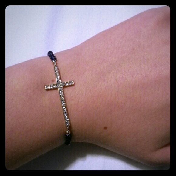 Purple Beaded Rhinestone Cross Bracelet