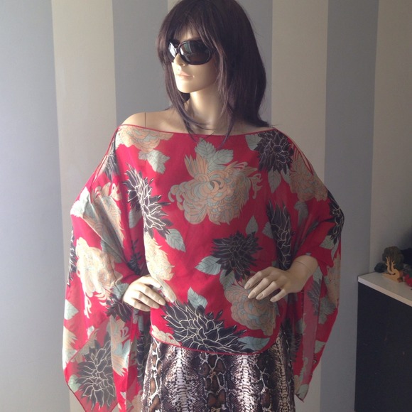 Chiffon asian floral coverup floaty loose top - Picture 2 of 4