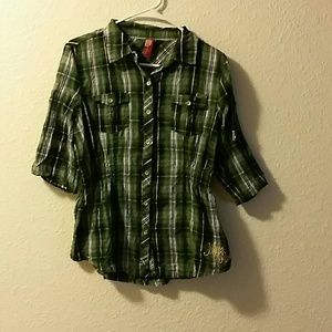 Green and black apple bottom plaid shirt