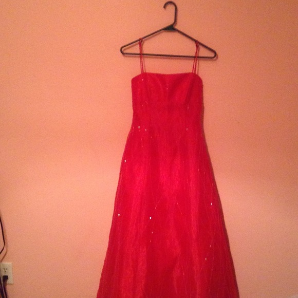 A pink long dress with jewels and 1 strap in back. - Picture 2 of 2